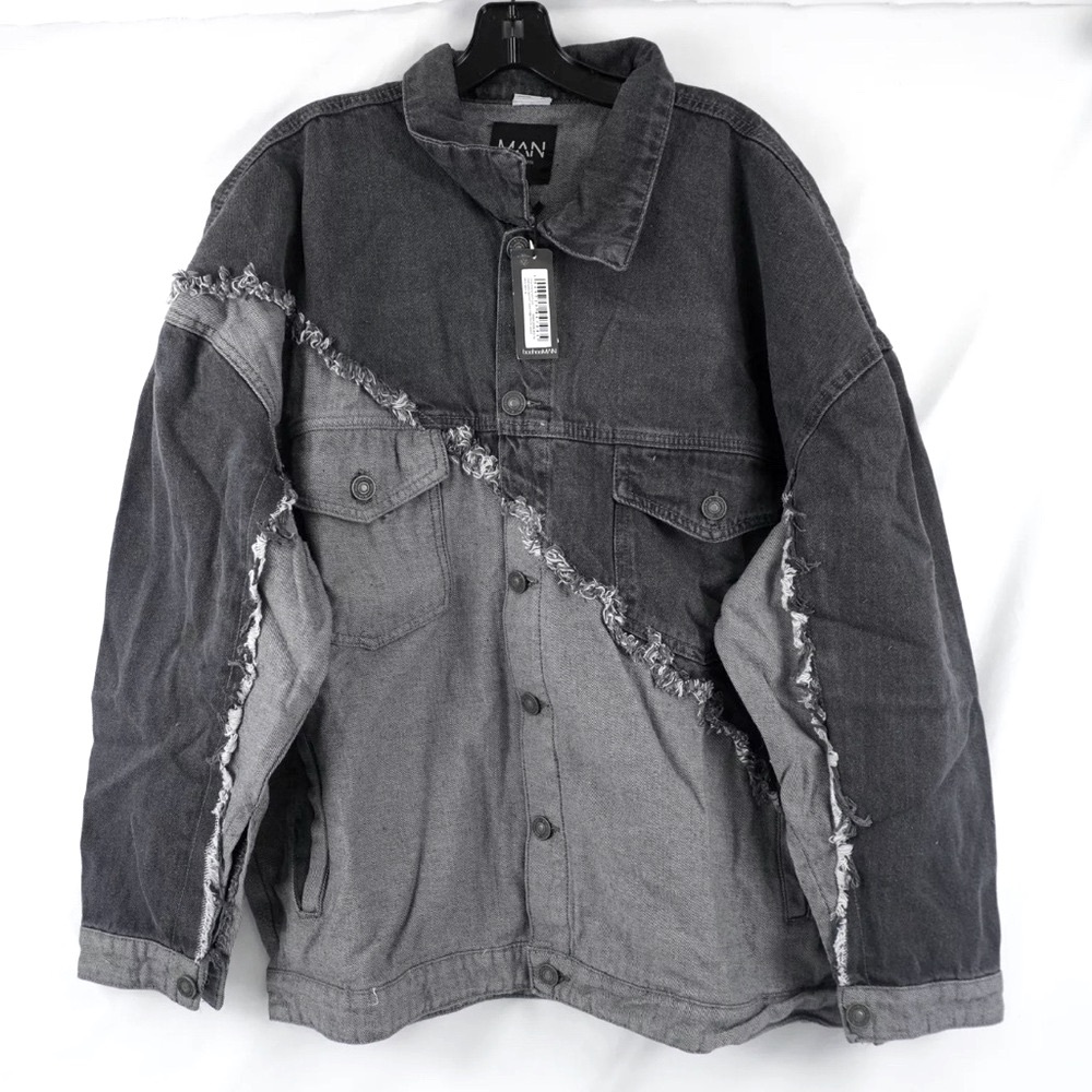 NWT [BoohooMan] Oversized Spliced Frayed Edge Denim Jacket in Mid Gray Men's XL - Picture 8 of 10